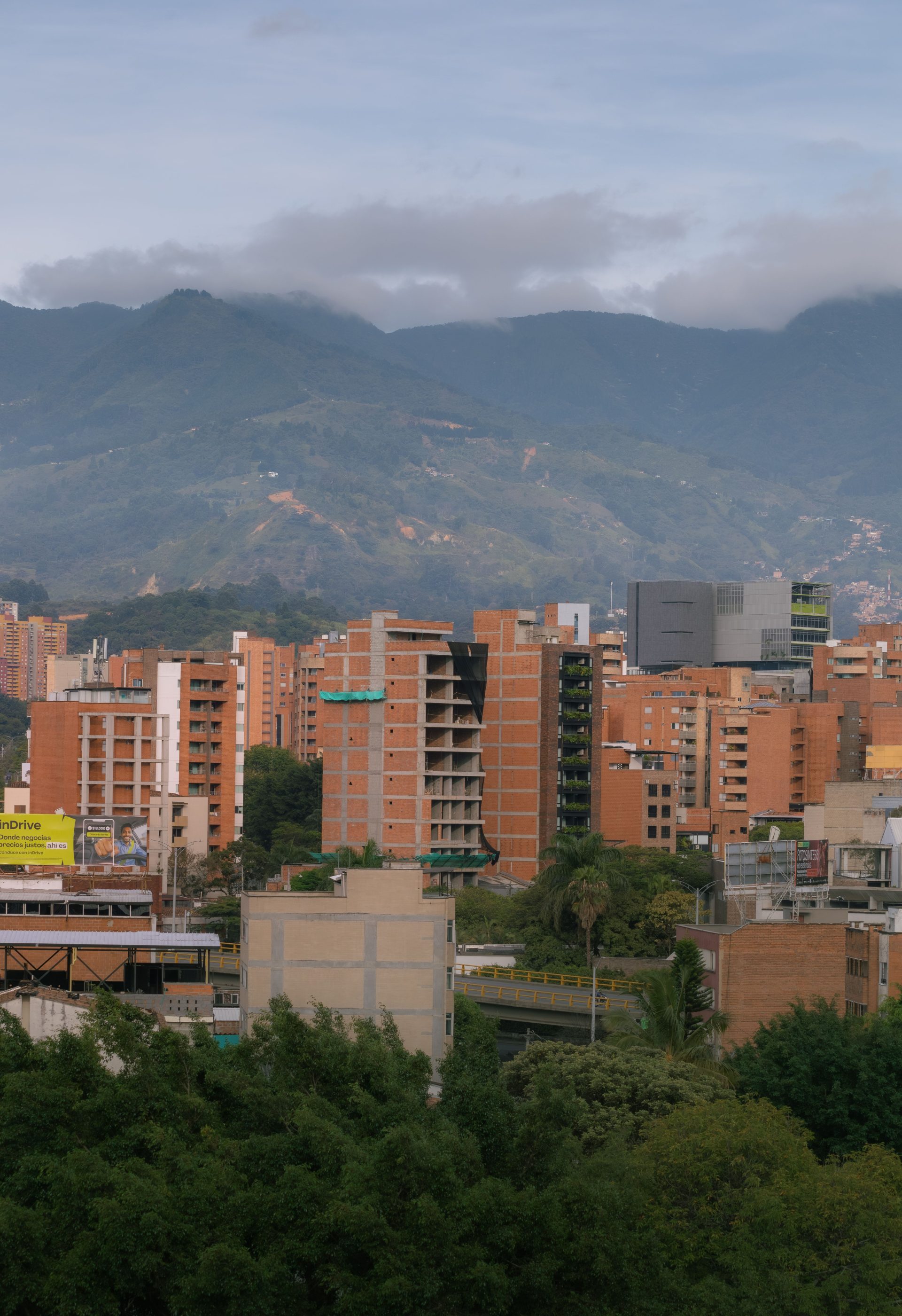 Low residential apartment blocks and trees in Medellín with mountains behind