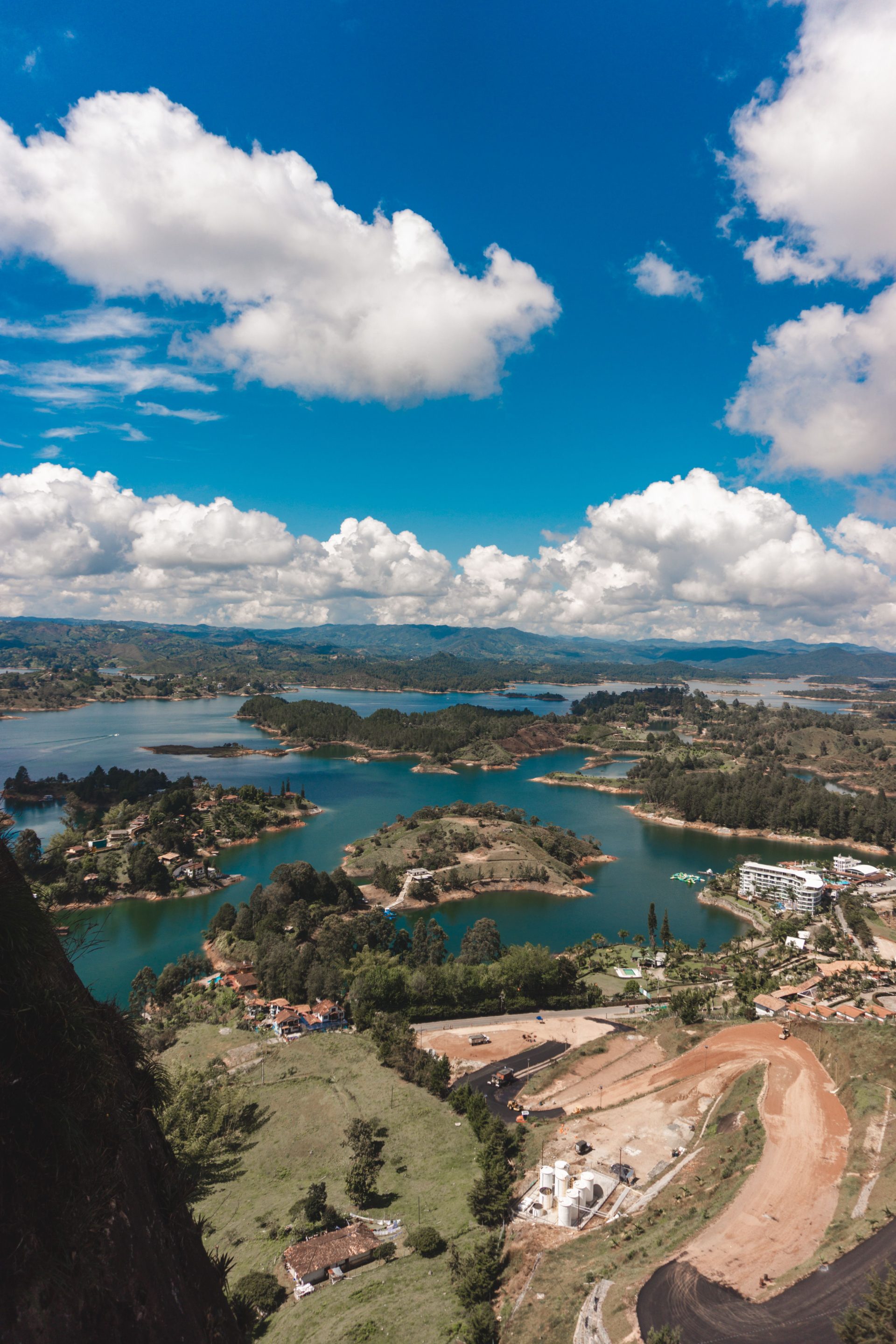 Aerial view of the Guatapé reservoir with islands and green hills