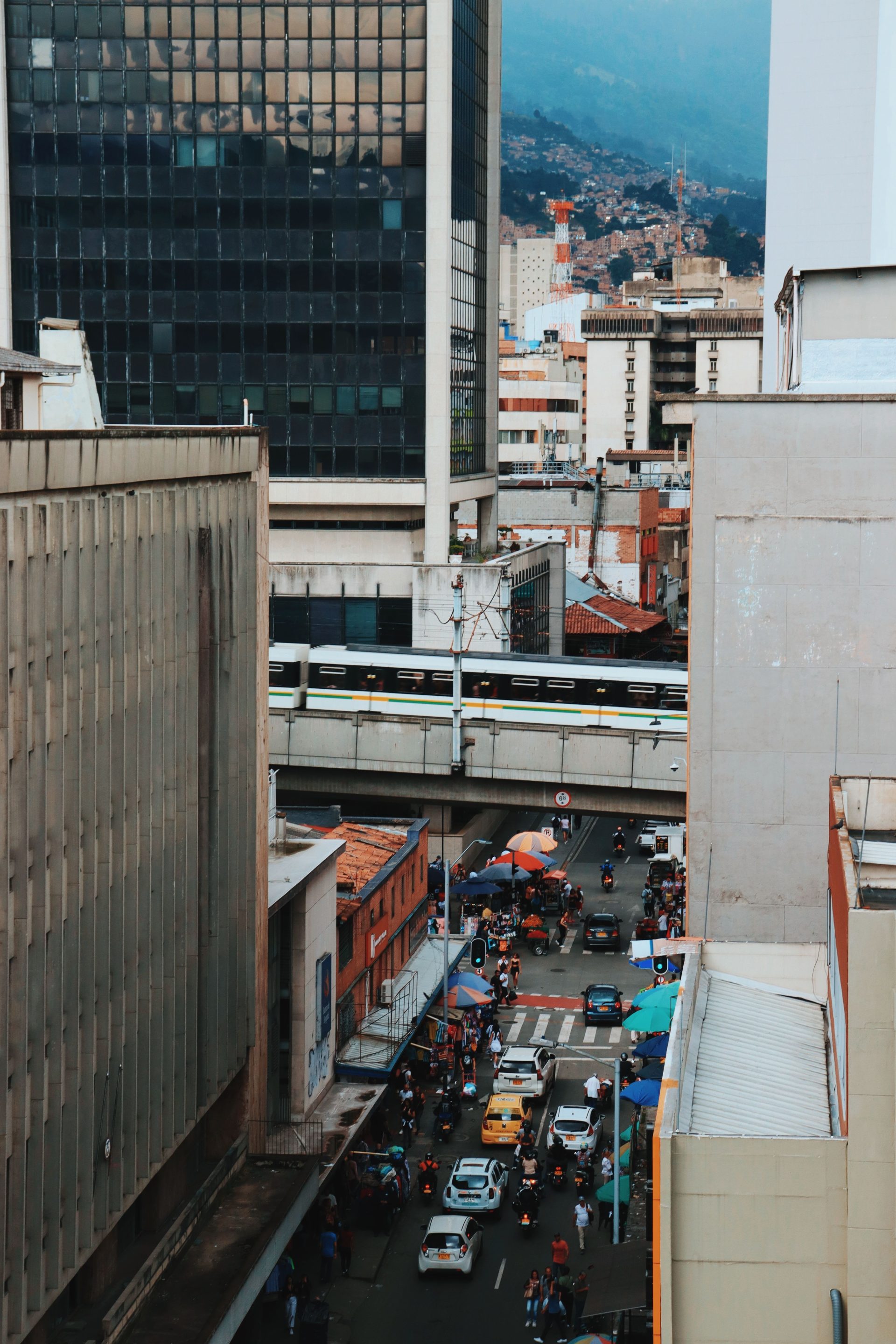 A busy downtown Medellín street seen from above