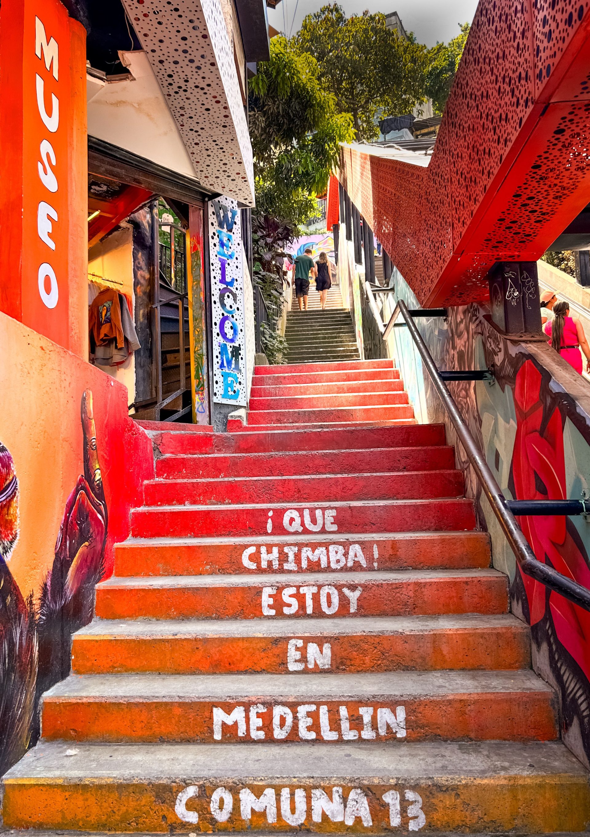 A painted staircase covered in street art in Comuna 13, Medellín