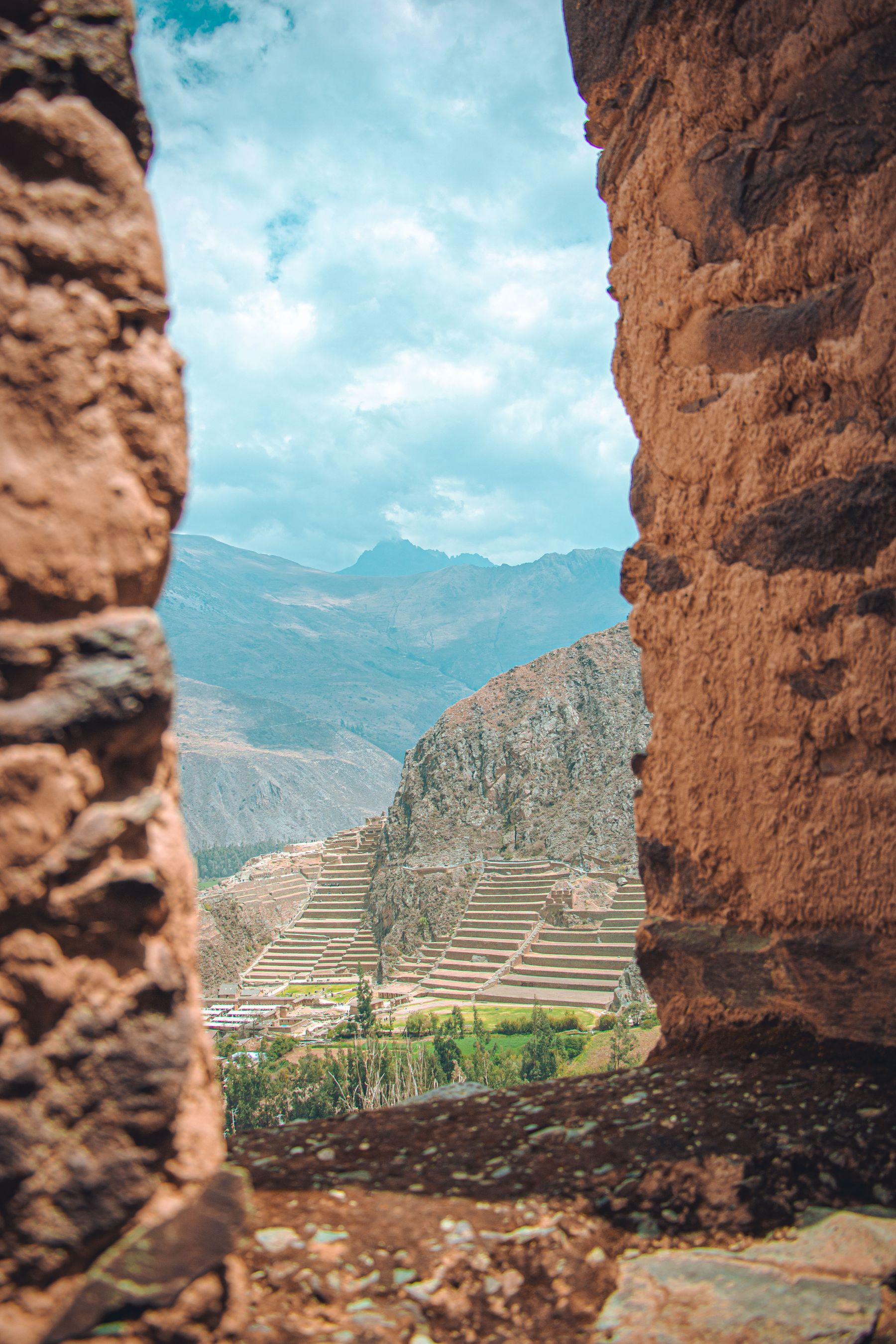 A view through the ancient terraces of Ollantaytambo in Peru
