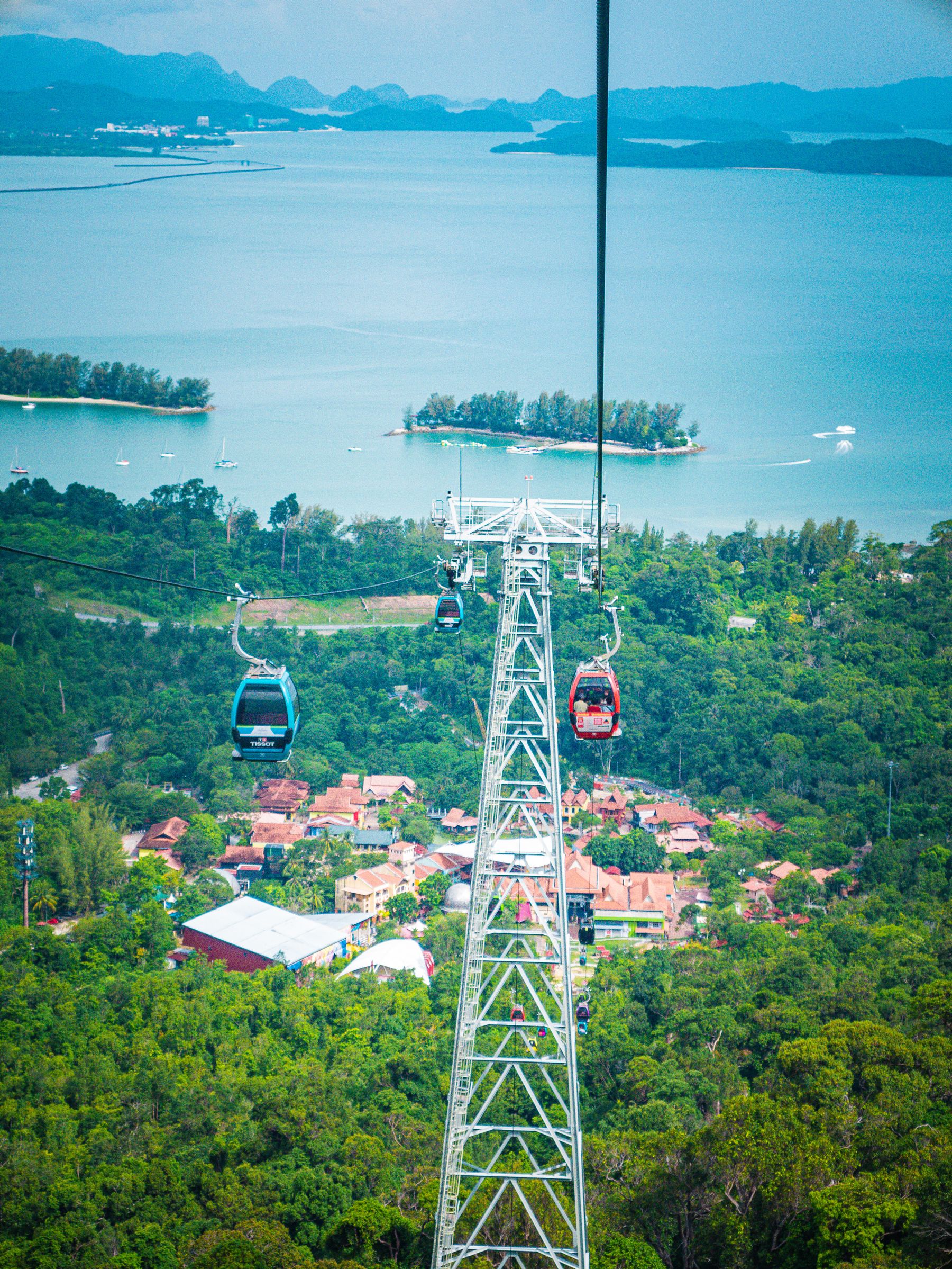 A cable car running above forested hills towards the sea